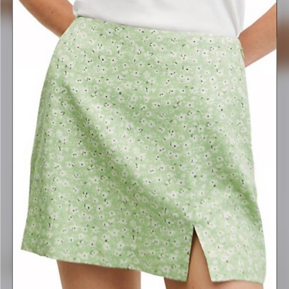 Mango Green Floral Linen Mini Skirt with Slit | Size Small